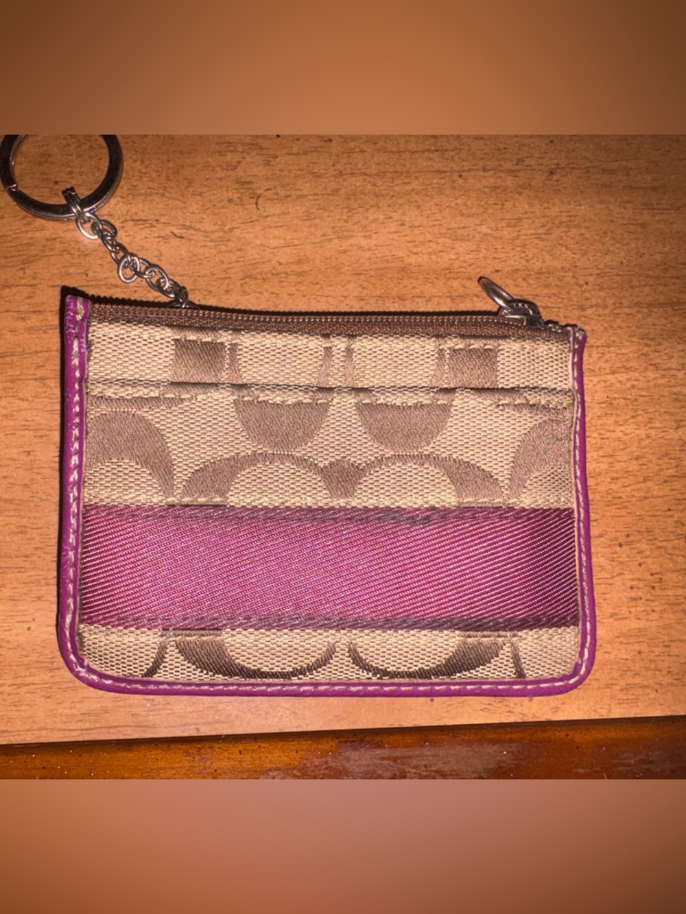 Coach Tan Signature Card Case with Purple Stripe and Keychain